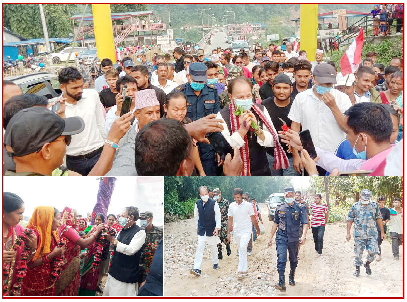 पराराष्ट्र मन्त्री नारायण खड्कालाई उदयपुरमा भव्य स्वागत, वेलकामा बर्षाबाट भएको क्षतीको निरिक्षण
